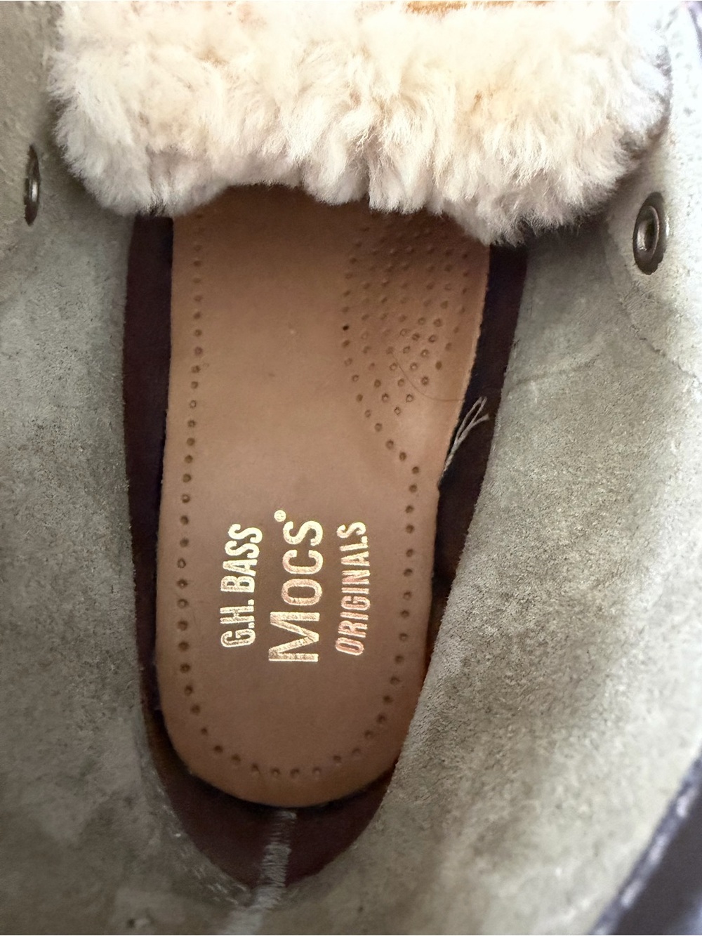 G.H. Bass & Co. Taupe Suede Moccasin Slipper with Cream Shearling Cuff